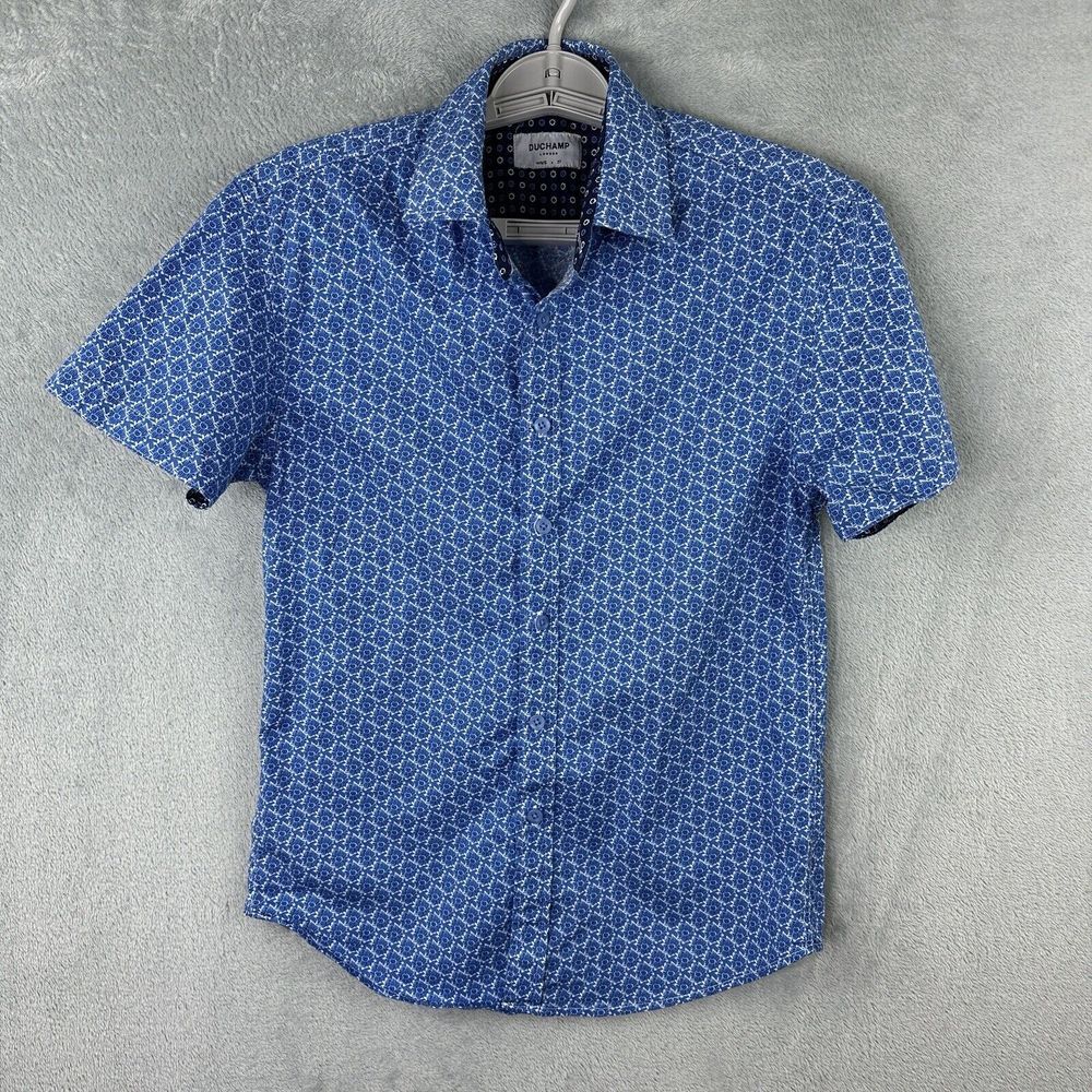 Duchamp London Button Up Shirt Short Sleeve Mens 14.5 S Blue FloralCotton‎ Blend